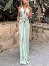 Deep V Halter-Neck Backless Metal Buckle Decoration Maxi Dress